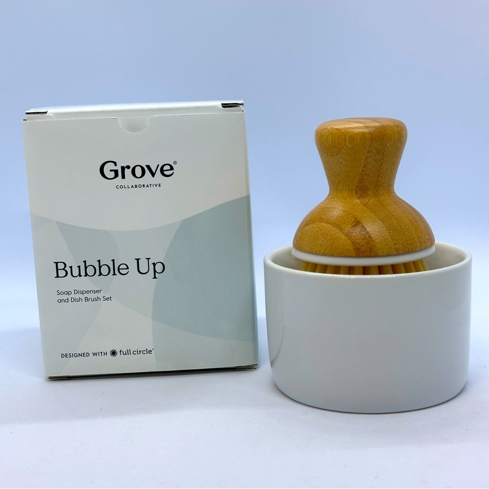 Grove Collaborative Bubble Up Soap Dispenser Dish Brush Set Bamboo & Ceramic NIB